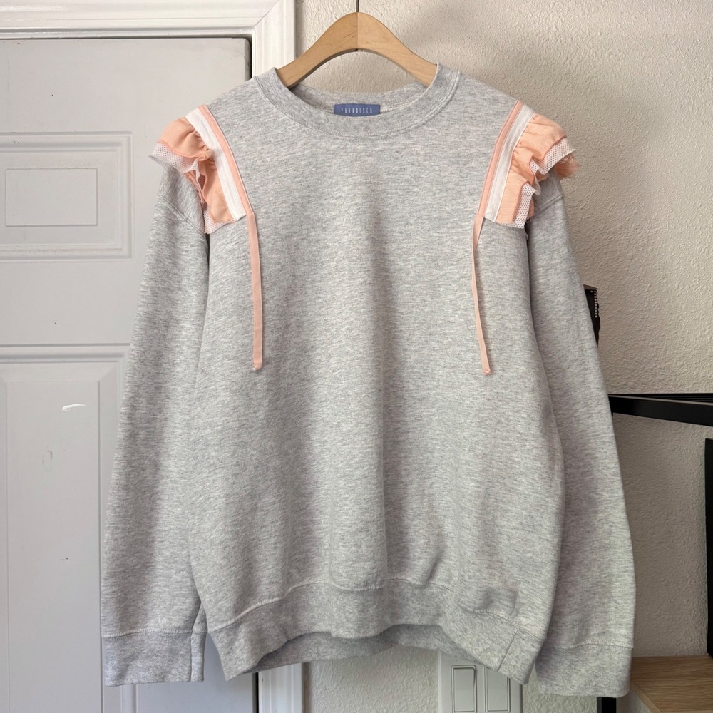 PARADISED light heather grey fleece contrast ruffle crew neck pullover sweater